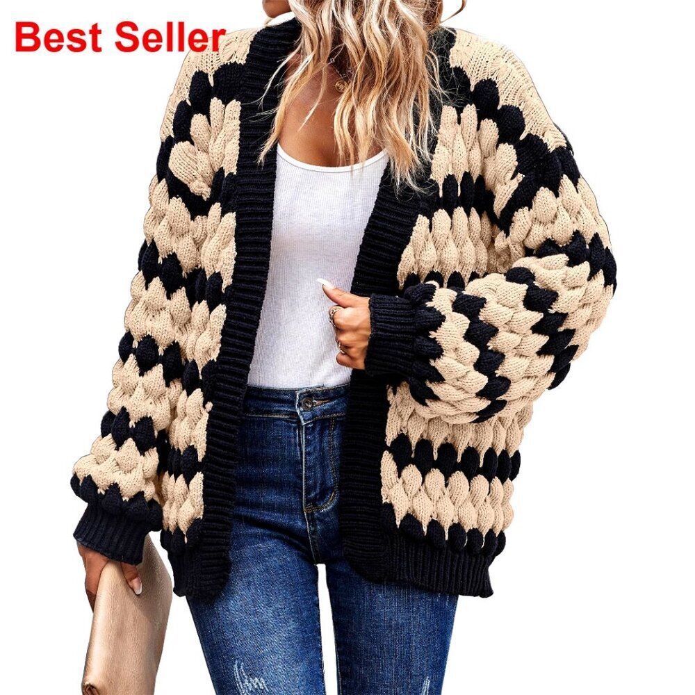 Chunky Knit Cardigan Lantern Sleeve Open Front Cable Knit Sweater Cozy Winter